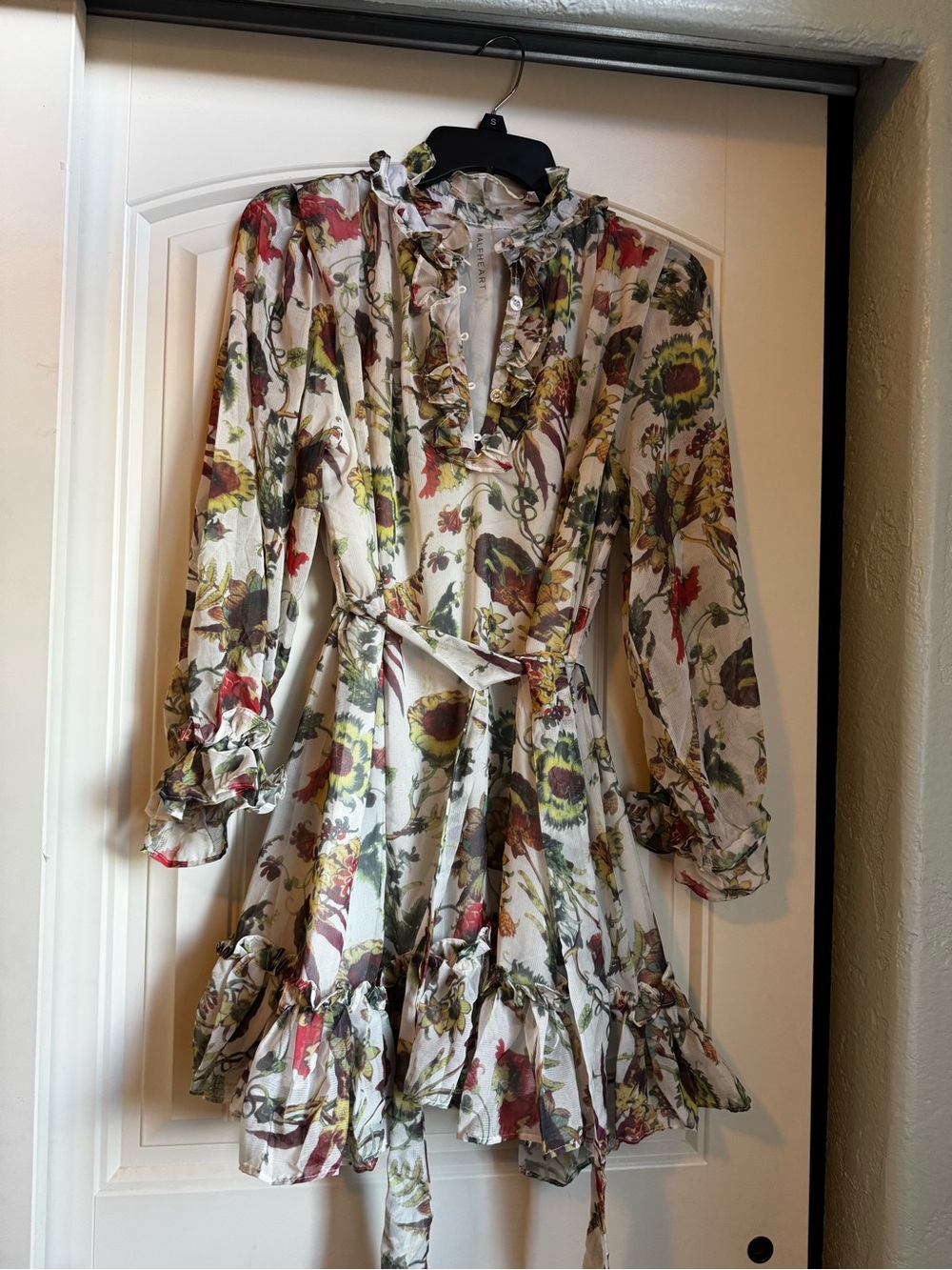 Ruffled Floral Tie-Waist Mini Dress in Cream with Green & Red Print